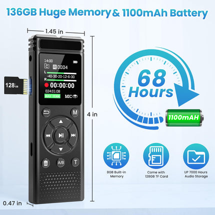 Digital Voice Recorder with Playback,9000 Hours Audio Recording ,Voice Activated Recorder with Noise Reduction,A-B Repeat,Mp3 Player