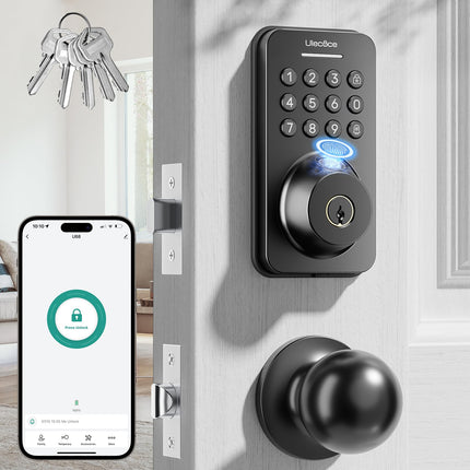 Ulecoce Fingerprint Keypad Deadbolt with Handle Set, Keyless Entry Door Lock, Door Locks for Front Door Lock Set, App Control, Auto Locking, Easy to Install, Matte Black