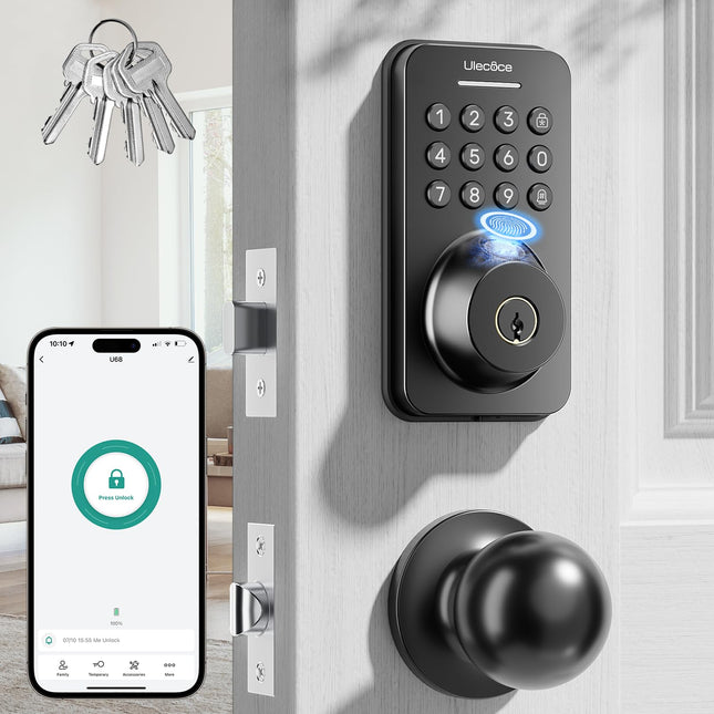 Ulecoce Fingerprint Keypad Deadbolt with Handle Set, Keyless Entry Door Lock, Door Locks for Front Door Lock Set, App Control, Auto Locking, Easy to Install, Matte Black