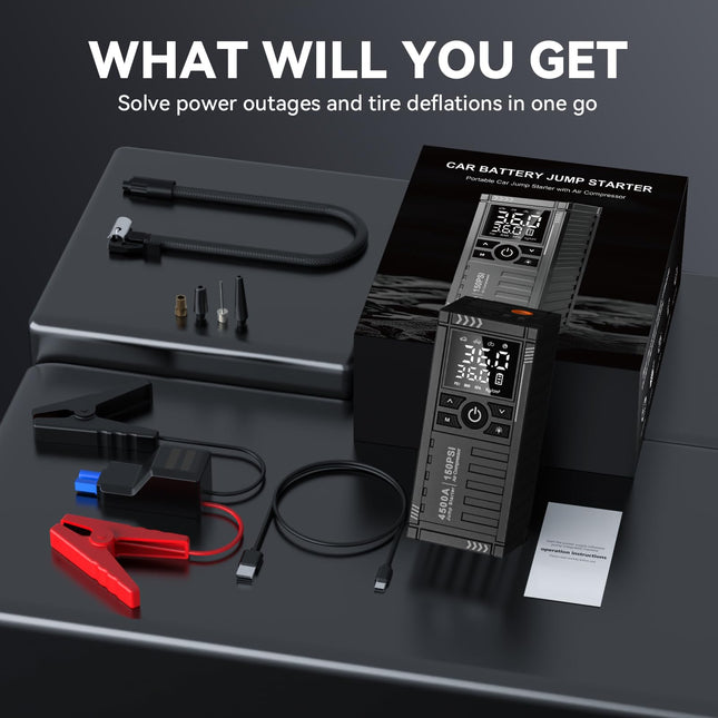 Car Battery Jump Starter with Air Compressor - 4500A 150PSI Portable Car Jump Starters, with Tire Inflator, , LCD Display, LED Light
