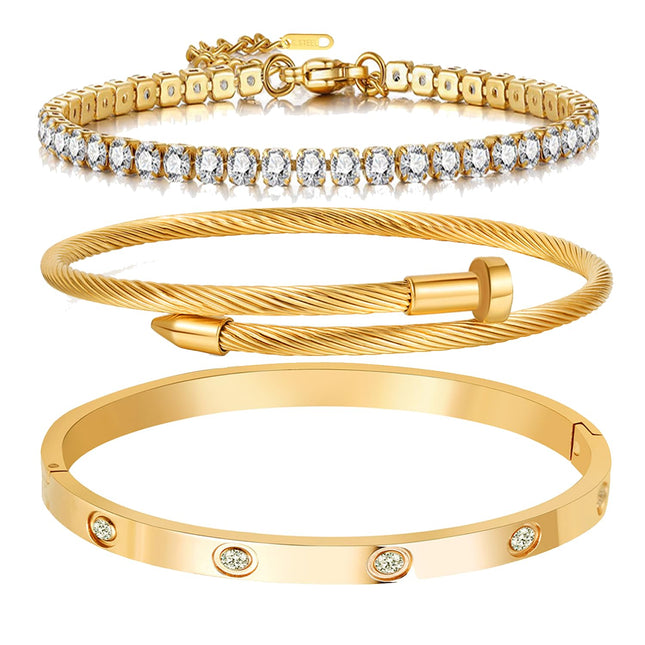 Bangle Bracelet Set A D. 18 K Gold Plated Love  Stackable Cubic Zirconia Chain Bracelet Stainless Steel Chain Gold Bangle Bracelets for Women (3 Sets(Tennis,Bangle))