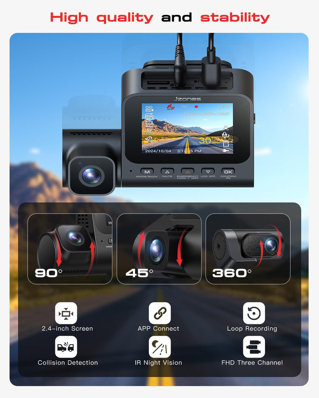 Dash Cam Front and Rear: 4K+1080P+1080P 3 Channel Dash Camera for Cars, STARVIS 2 Sensor Dash Camera with HDR Night Vision, 24H Parking Mode Car Camera with GPS, Free 64GB Card