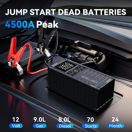 Car Battery Jump Starter with Air Compressor - 4500A 150PSI Portable Car Jump Starters, with Tire Inflator, , LCD Display, LED Light
