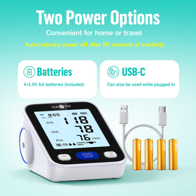 RunStar Upper Arm Blood Pressure Monitor with Wide Range Cuff (8.6'' -16.5'') for Home Use FSA&HSA Eligible, Automatic Digital BP Machine with Storage Bag, 2x99 Reading Memory