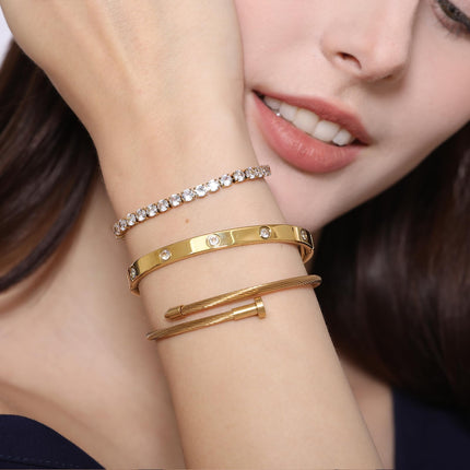 Bangle Bracelet Set A D. 18 K Gold Plated Love  Stackable Cubic Zirconia Chain Bracelet Stainless Steel Chain Gold Bangle Bracelets for Women (3 Sets(Tennis,Bangle))