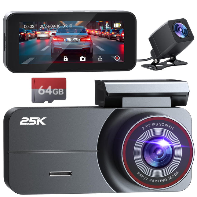 Dash Cam Front and Rear, 2.5K /1080P QHD Dual Dash Camera for Cars, Super Night Vision Dashcam, Loop Recording, 3.39” IPS, 64GB Card Included, 160° Wide Angle, Parking Mode
