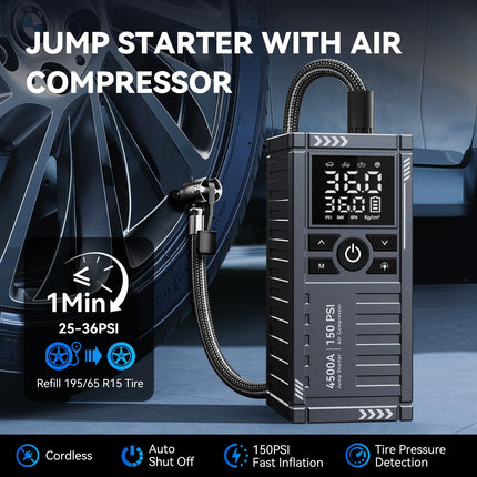 Car Battery Jump Starter with Air Compressor - 4500A 150PSI Portable Car Jump Starters, with Tire Inflator, , LCD Display, LED Light