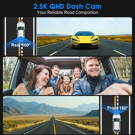 Dash Cam Front and Rear, 2.5K /1080P QHD Dual Dash Camera for Cars, Super Night Vision Dashcam, Loop Recording, 3.39” IPS, 64GB Card Included, 160° Wide Angle, Parking Mode