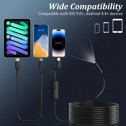 Endoscope Camera with Light, 1920P HD Borescope Camera with 8 Adjustable LED Lights, 16.4ft Semi-Rigid Snake Camera with Light, IP67 Waterproof 7.9mm Inspection Camera for iOS and Android