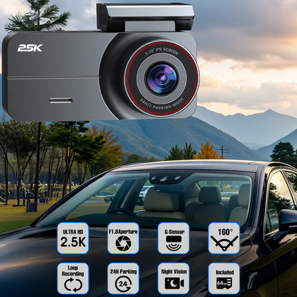 Dash Cam Front and Rear, 2.5K /1080P QHD Dual Dash Camera for Cars, Super Night Vision Dashcam, Loop Recording, 3.39” IPS, 64GB Card Included, 160° Wide Angle, Parking Mode
