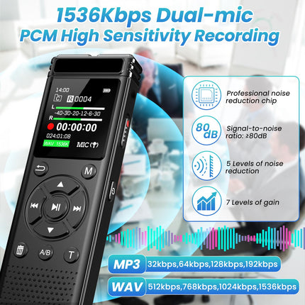 Digital Voice Recorder with Playback,9000 Hours Audio Recording ,Voice Activated Recorder with Noise Reduction,A-B Repeat,Mp3 Player