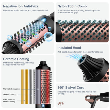 Infrared Bounce Brush, Heated Thermal Round Brush with Negative Ion Technology, 10 Heat Settings for Blowout Look with Hair Care Oil, Straightening & Curling, Suitable for All Hair Types, Black